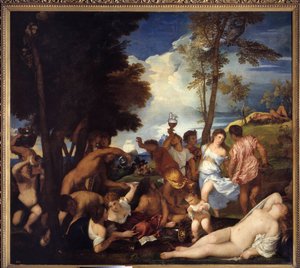 Ankomst af Bacchus på øen Andros (Bacchanal of the Andrii). Ankomst fra Bacchus på Andros Island. Billede, der forestiller festen af ​​satirer og bacchanter til ære for den guddommelige Bacchus (Baccanal). Maleri af Tiziano Vecellio kaldet Tizianen (1485-1 af Tiziano Vecelli