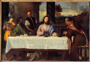 Middag på Emmaus Mød Jesus med pelerins. Maleri af Tiziano Vecellio dit le Titian (1485-1576) 1500-tallet søn. 1,69x2,44 m af Titian (c.1488 1576)