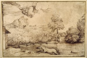 Landskab: en rytterløs hest forfulgt af en slange (pen og brunt blæk på cremefarvet papir) af Titian (c.1488 1576)