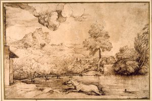 Landskab: en rytterløs hest forfulgt af en slange (pen og brunt blæk på cremepapir) af Titian (c.1488 1576)