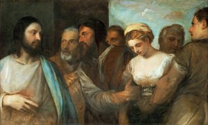 Le Christ et la femme adultere - Kristus og kvinden taget i utroskab, af Titian (1488-1576). Olie på lærred, ca. 1520. Mål : 82,5x136,5 cm. Kunsthistorisk museum, Vienne af Tiziano Vecelli