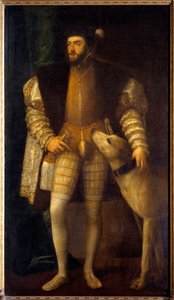 Portræt af kejser Karl V (1500 - 1558) i en alder af 35 med sin hund Sampere. Titian Vecellio af Le Titian (1485-1576) af Tiziano Vecelli