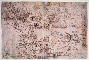 Studie af landskab med får af Titian (c.1488 1576)