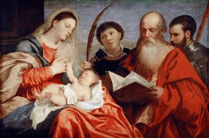 Jomfruen og barnet med de hellige Stephen, Hieronymus og Maurice - Tizian (1488-1576). Olie på træ, ca. 1520. Mål : 92,7x138 cm. Kunsthistorisk Museum, Vienne af Titian (c.1488 1576)