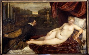 Concert un Woman Nude Lie en Pres un Homme spiller orgelet. Maleri af Tiziano Vecellio kaldet Titian (1485-1576)