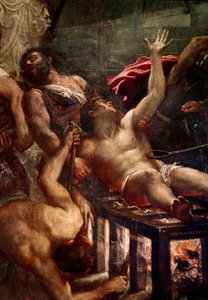 Saint Laurents martyrium Supplice of Saint Laurent på grillen i 258 i Rom. Detalje. Maleri af Tiziano Vecellio kaldet Tizianen (ca. 1490-1576) 1548-1559 Søn. 500x280 cm Venedig, Jesuiternes Kirke