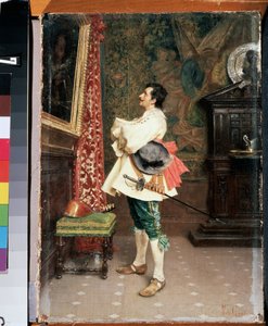 "Before a Portrait" (Before a Portrait) En mand, klædt i uniformen af ​​en musketer fra det 17. århundrede, der beundrer et maleri (sin eget portræt) Maleri af Tito Conti (1842-1924) Mikhail Kroshitsky Kunstmuseum, Sevastopol (Sevastopol) Ukraine af Tito Conti
