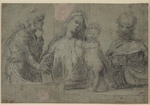 Halvlange figurer af en madonna og et barn flankeret af Johannes Døberen og Peter af Tizian