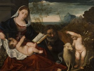 Den hellige familie med Sankt Johannes af Tiziano Vecelli