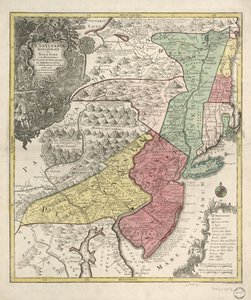 Relief vist billedmæssigt. Dækker også New England (forvrænget) og det nordlige Chesapeake-område. Titel på latin; noter på tysk og latin; legende på latin, tysk og engelsk. Uidentificeret meridian. Provinser angivet af kol. vasker; provins og amt bo af Tobias Conrad Lotter