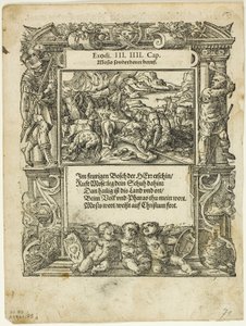 Moses and the Burning Bush (recto) og The Infant Moses Put into the River (verso) fra Neue künstliche Figuren biblischer Historien, plade 55 fra Træsnit fra Books of the XVI Century af Tobias Stimmer