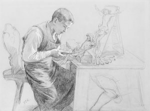 Studie af en dreng, der udskærer et krucifiks, ca. 1908. af Toby E Rosenthal