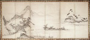Rejsende på en bro ved søen, ca. 1700 (blæk og farve på papir) af Toetsu Toetsu