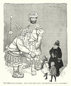 "Ah! Her er Gog og Magog, det er den unge dame, jeg nævnte for jer, mine herrer" (litho) af Tom Browne