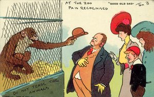 I zoo bliver far genkendt, god gammel far (farvelitografi) af Tom Browne