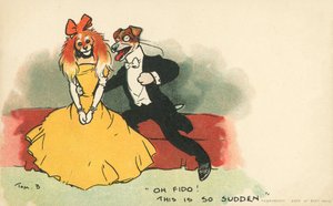 Hunde klædt ud som et romantisk par (farve litho) af Tom Browne