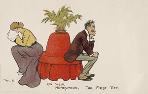 Første argument af et par på bryllupsrejse (farvelitografi) af Tom Browne