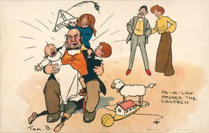 Bedstefar passer på børnene (farvelitografi) af Tom Browne