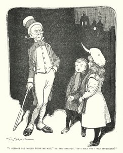"Jeg formoder, du ville synes, jeg var gal," sagde han skarpt, "hvis jeg fortalte dig, at jeg var blåskæg?" (litho) af Tom Browne