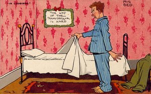 Mand betragter sin ukomfortable enkeltseng (farvelitografi) af Tom Browne