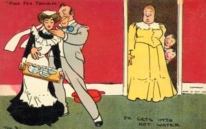 Far kommer i varmt vand (chromolitho) af Tom Browne