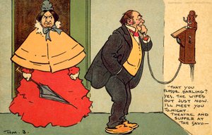 Teater og aftensmad på Savoyen (chromolitho) af Tom Browne