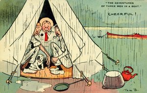 Tre mænd i en båd (farvelitografi) af Tom Browne