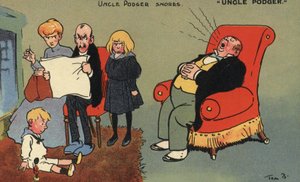Onkel Podger snorker (farve litho) af Tom Browne