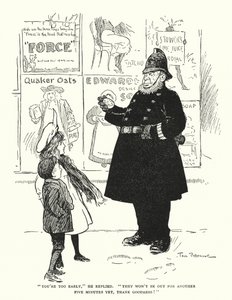 "Du er for tidligt," svarede han, "de er ikke ude i fem minutter endnu, gudskelov!" (litho) af Tom Browne