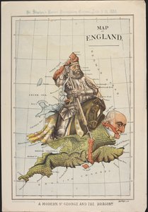 A Modern St George and the Dragon: En politisk tegneserie i form af et kort over England, der satiriserer Gladstones parlamentariske nederlag over det irske hjemmestyre. St. Stephen