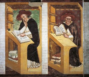 Dominikanske munke, detalje fra cyklen af fyrre illustere medlemmer af den dominikanske orden, af Tommaso da Modena (1326-1379), fresco, detalje, Dominikanerkloster, Treviso, Italien