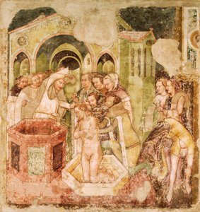 Legend of St Ursula: Baptism of Prince of England, af Tommaso da Modena (1326-1379), fresco, Church of Santa Caterina, Treviso
