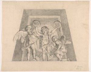 Tre Putti med tamburiner og trompeter, Design til Lunette af Sala delle Muse, Museo Pio-Clementino, Vatikanet af Tommaso Maria Conca