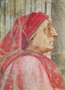 Den hellige treenighed, detalje af hovedet af den mandlige donor, 1427-28 freskodetalje af 173689 af Tommaso Masaccio