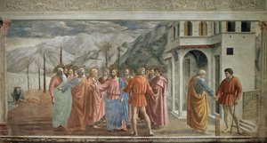 Hyldestpenge - Le paiement du tribut (Hyldesten) - Fresco af Tommaso di ser Giovanni di Mone Cassai dit Masaccio (1401-1428), 254,5x598,3 cm