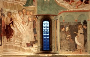 Episode af Johannes Døberens liv: prædikationen af Johannes Døberen i ørkenen og Johannes Døberen står over for en Herode - af Tommaso Masolino da Panicale