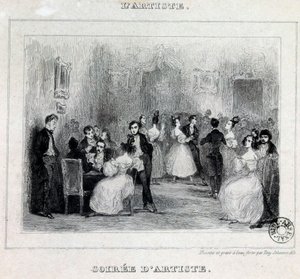 En kunstneraften: bold og kortspil under en borgerlig aften Tegning af Antoine Johannot dit Tony Johannot (1803-1852) 1831 Paris, Bibliotheque de l
