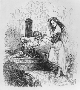 Esmeralda giver Quasimodo en drink, illustration fra 