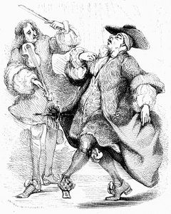 Moliere: Den borgerlige herre, hr. Jourdain, danser under ledelse af sin musikmester. Stik af Tony Johannot i udgaven af de samlede værker, Paulin 1836.