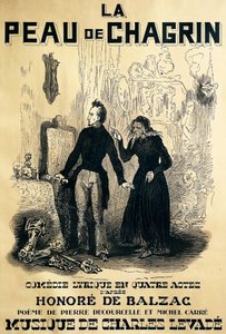 Plakat for Le peau de chagrin, komisk opera, libretto af Pierre Decourcelle og Michel Carre, musik af Charles Levade, fra roman af Honore De Balzac, Tegning af Tony Johannot af Tony Johannot