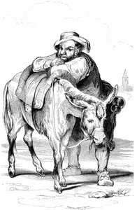 Sancho Panza (Panca), Don Quixotes væbner (Quijote, Quixote) og hans æsel. Illustration af Cervantes