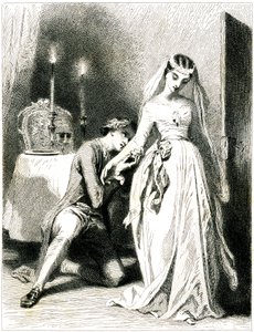 Sukkende elsker knæler for fødderne af sin smukke forlovede i et interiør med stearinlys - pige i romantisk kjole og frisure - kobberstik (radering 1845) af Tony Johannot (Antoine Johannot dit af Tony Johannot