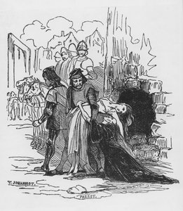 Soldater, der slæber en kvindelig fange væk, illustration til 