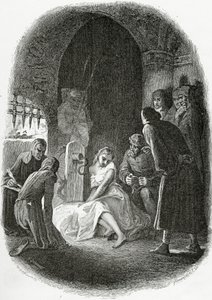 Forhøret af Esmeralda - illustration fra Notre Dame de Paris, 1800-tallet (bw-gravering)