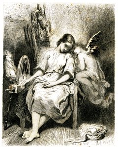 Ung kvinde (spinderske) sover ved sit hjul - en angelot læner sig over hendes skulder - søvn - drøm - drømmeri - kærlighed - kobberstik (radering 1845) af Tony Johannot (Antoine Johannot dit af Tony Johannot