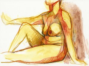 Tegning af liggende nøgenfigur af Tore Bahnson