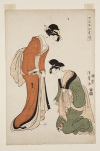 Moderigtige lange kjoler til kvinder (Onna f?zoku-ch? mo fuke) (træbloktryk i farver) af Torii (Torii Kiyomitsu II) Kiyomine