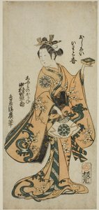 Skuespilleren Nakamura Tomijuro I som Omi no Okane i stykket "Kongen Okuni Kabuki" opført på Nakamura Theatre i den syvende måned, 1754
