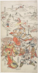 Fujiwara no Teika til hest akkompagneret af O_e Saemon og The Woman Nowake, ca. 1710 af Torii Kiyomasu II
