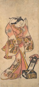 Sanjo Kantaro som en kvinde, der arrangerer sit hår foran et lakspejl, før 1763. af Torii Kiyomasu II.